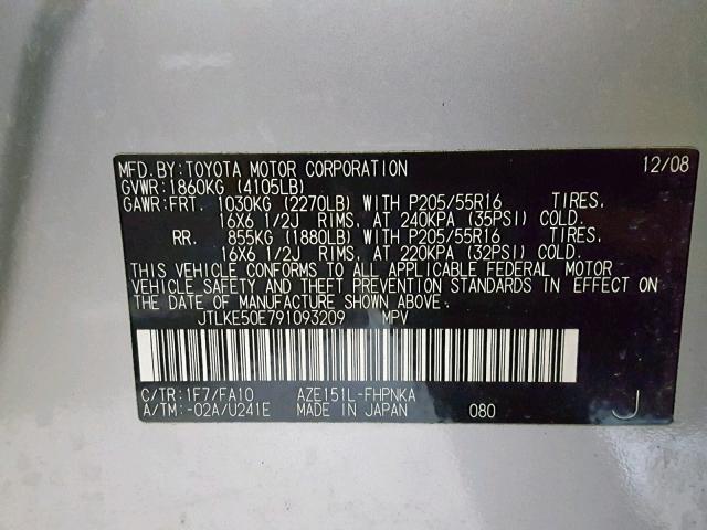 JTLKE50E791093209 - 2009 TOYOTA SCION XB SILVER photo 10