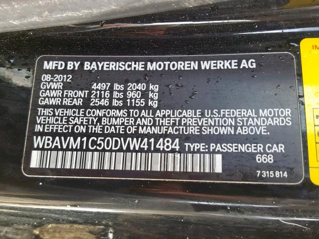 WBAVM1C50DVW41484 - 2013 BMW X1 SDRIVE2 BLACK photo 10