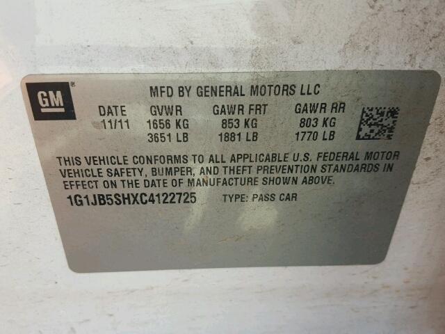 1G1JB5SHXC4122725 - 2012 CHEVROLET SONIC LS 白色 照片 10