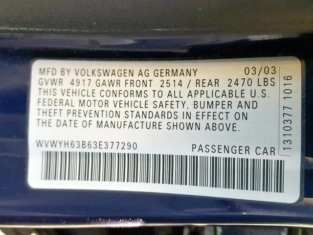 WVWYH63B63E377290 - 2003 VOLKSWAGEN PASSAT GLX 蓝色 照片 10