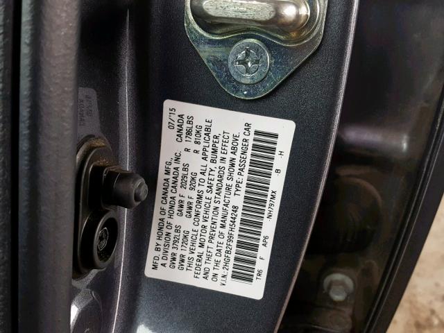 2HGFB2F99FH544248 - 2015 HONDA CIVIC EXL GRAY photo 10