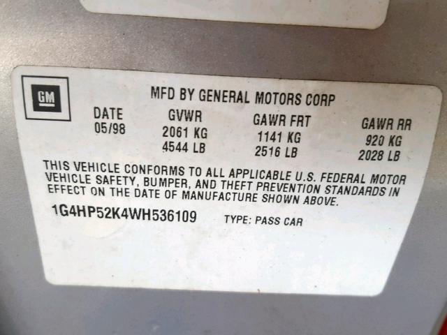 1G4HP52K4WH536109 - 1998 BUICK LESABRE CU SILVER photo 10