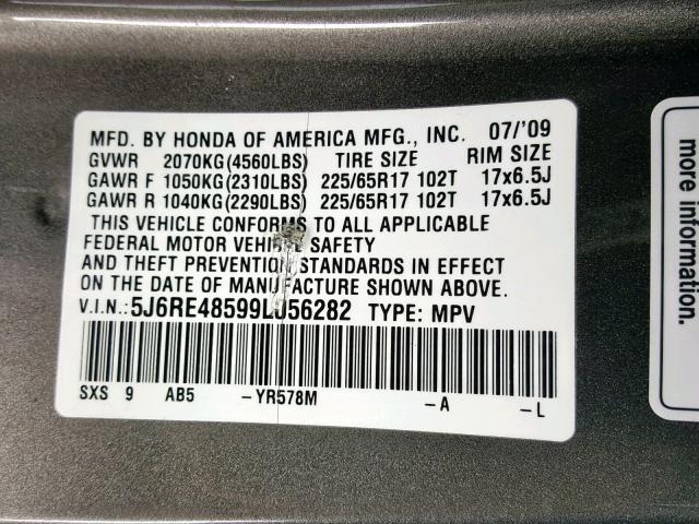 5J6RE48599L056282 - 2009 HONDA CR-V EX TAN photo 10