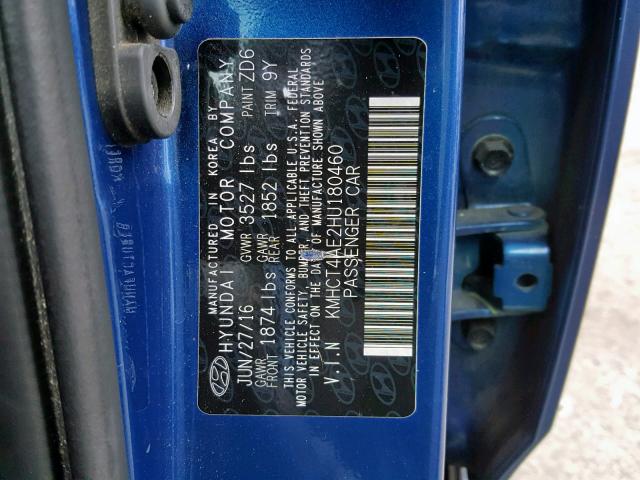 KMHCT4AE2HU180460 - 2017 HYUNDAI ACCENT SE BLUE photo 10