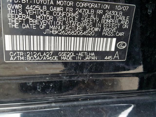 JTHBK262682064520 - 2008 LEXUS IS 250 BLACK photo 10