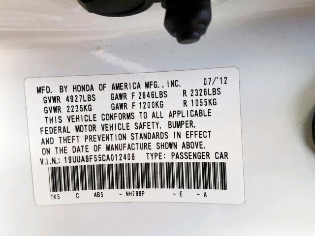 19UUA9F55CA012408 - 2012 ACURA TL WHITE photo 10