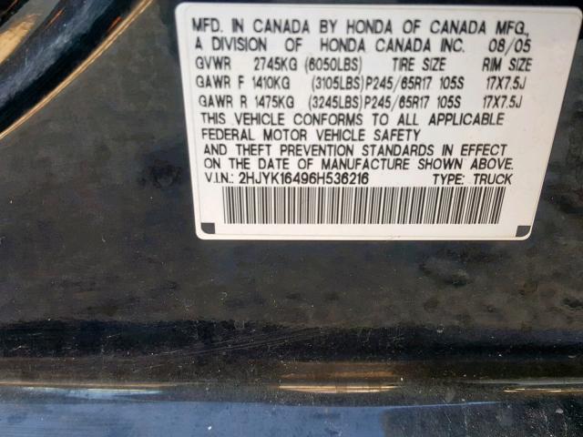 2HJYK16496H536216 - 2006 HONDA RIDGELINE BLACK photo 10