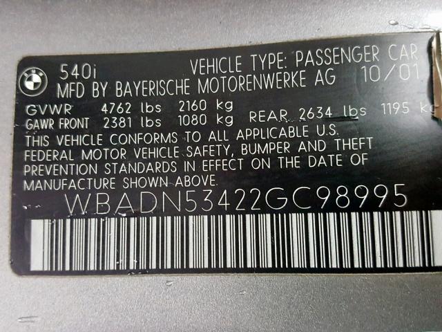 WBADN53422GC98995 - 2002 BMW 540 I GRAY photo 10