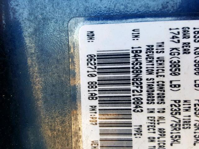 1B4HS38N82F210843 - 2002 DODGE DURANGO SP BLUE photo 10