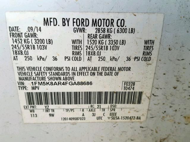 1FM5K8AR4FGA88686 - 2015 FORD EXPLORER P WHITE photo 10