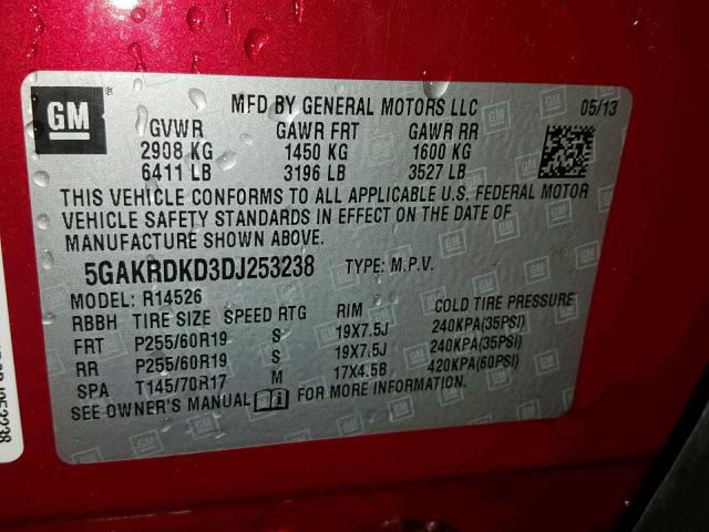 5GAKRDKD3DJ253238 - 2013 BUICK ENCLAVE RED photo 10