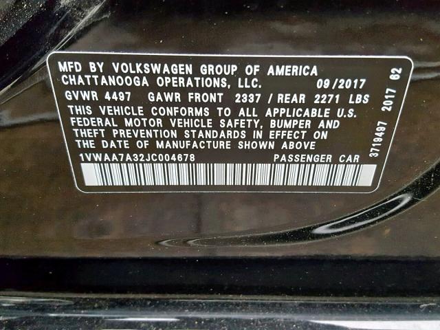 1VWAA7A32JC004678 - 2018 VOLKSWAGEN PASSAT S BLACK photo 10