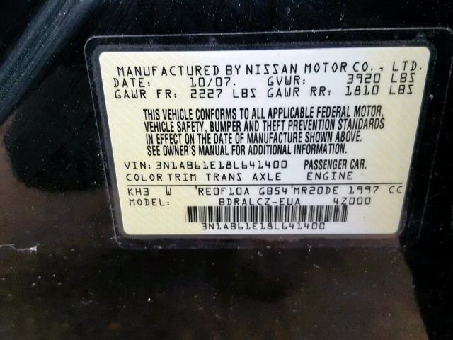 3N1AB61E18L641400 - 2008 NISSAN SENTRA 2.0 BLACK photo 10