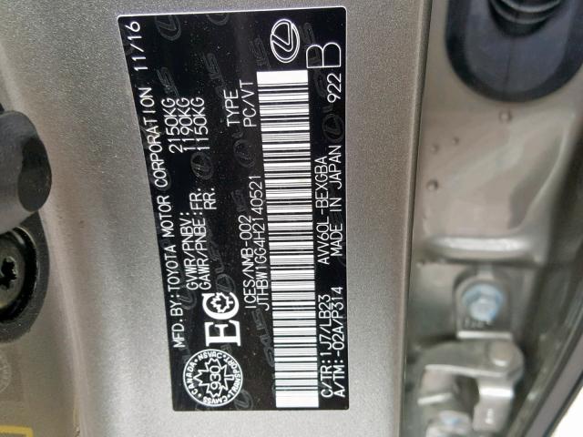 JTHBW1GG4H2140521 - 2017 LEXUS ES 300H SILVER photo 10