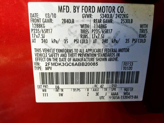 2FMDK3GC6ABB20085 - 2010 FORD EDGE SE RED photo 10