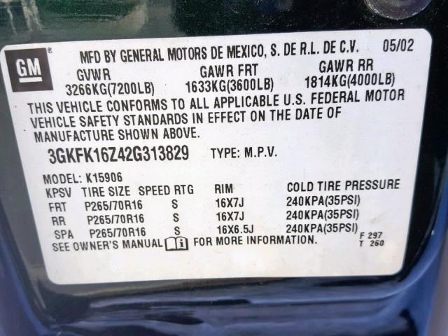 3GKFK16Z42G313829 - 2002 GMC YUKON XL K GREEN photo 10