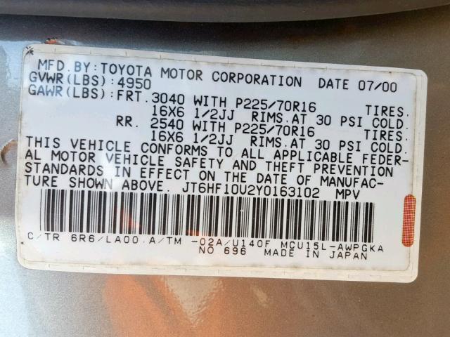 JT6HF10U2Y0163102 - 2000 LEXUS RX 300 GOLD photo 10