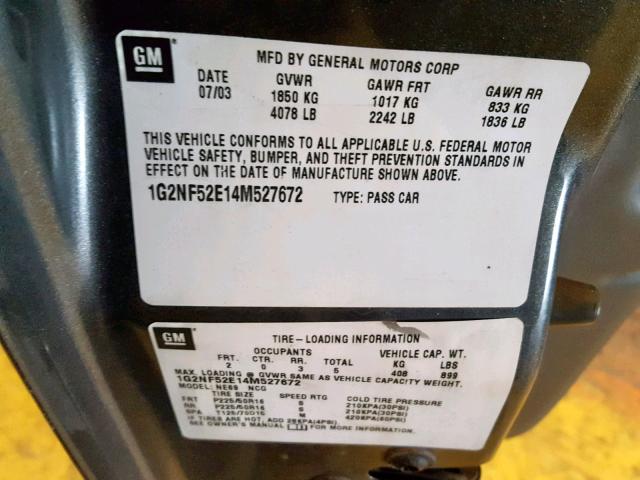 1G2NF52E14M527672 - 2004 PONTIAC GRAND AM S GRAY photo 10