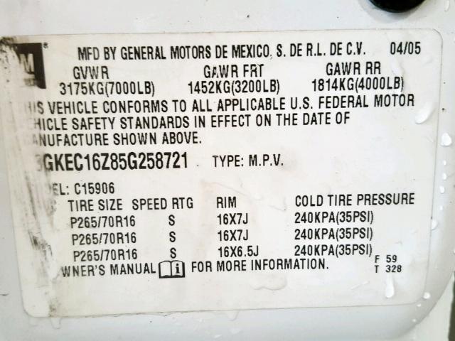 3GKEC16Z85G258721 - 2005 GMC YUKON XL C WHITE photo 10