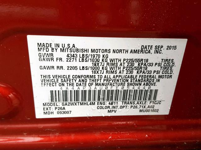 4A4AP3AU0FE054440 - 2015 MITSUBISHI OUTLANDER RED photo 10