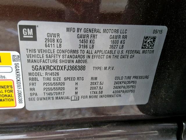 5GAKRCKDXFJ366388 - 2015 BUICK ENCLAVE BROWN photo 10