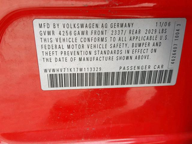 WVWHV71K17W113329 - 2007 VOLKSWAGEN NEW GTI RED photo 10