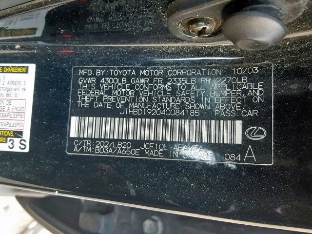 JTHBD192040084185 - 2004 LEXUS IS 300 BLACK photo 10