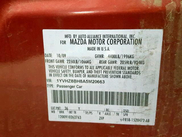 1YVHZ8BH8A5M20663 - 2010 MAZDA 6 I RED photo 10