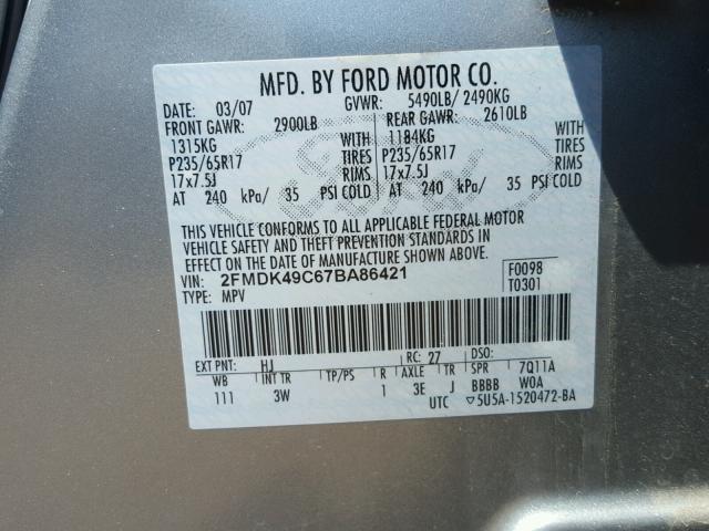 2FMDK49C67BA86421 - 2007 FORD EDGE SEL P SILVER photo 10