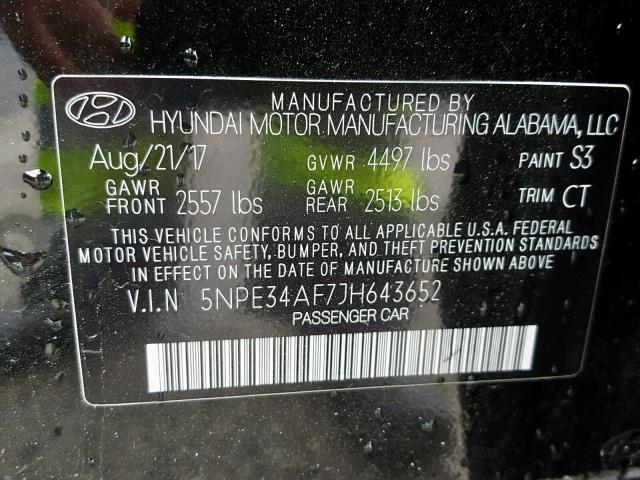 5NPE34AF7JH643652 - 2018 HYUNDAI SONATA SPO BLACK photo 10