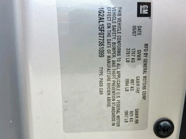 1G2AL15F077361099 - 2007 PONTIAC G5 SILVER photo 10