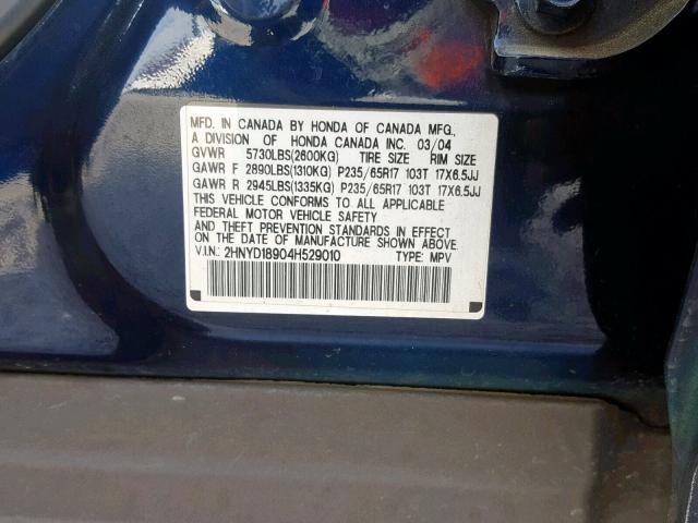 2HNYD18904H529010 - 2004 ACURA MDX TOURIN BLUE photo 10