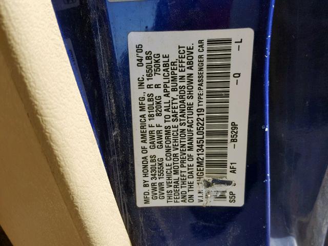 1HGEM21345L052219 - 2005 HONDA CIVIC DX V BLUE photo 10