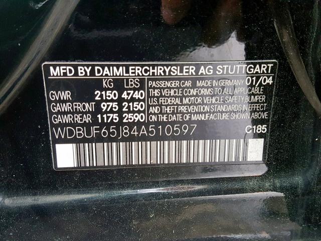 WDBUF65J84A510597 - 2004 MERCEDES-BENZ E 320 BLACK photo 10