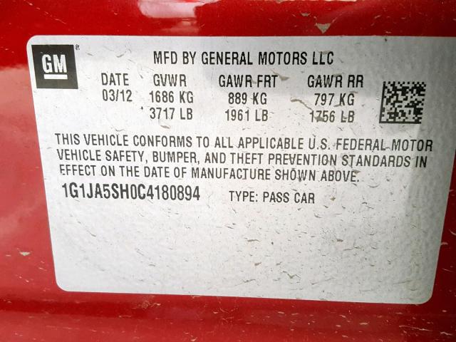 1G1JA5SH0C4180894 - 2012 CHEVROLET SONIC LS 红色 照片 10