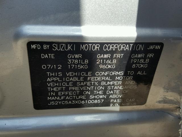 JS2YC5A3XD6100857 - 2013 SUZUKI SX4 LE SILVER photo 10