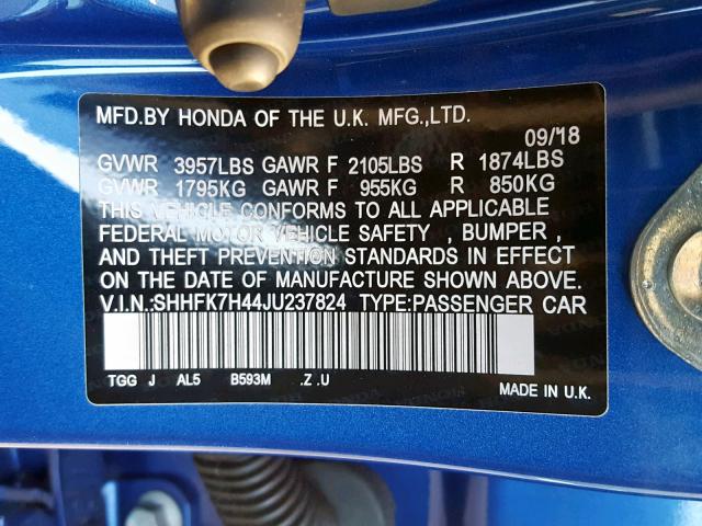 SHHFK7H44JU237824 - 2018 HONDA CIVIC SPOR BLUE photo 10