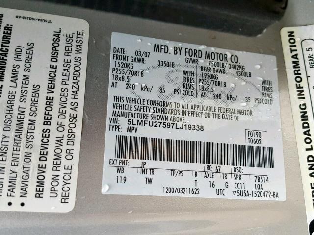 5LMFU27597LJ19338 - 2007 LINCOLN NAVIGATOR Argent photo 10