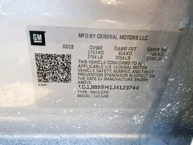 1G1JB5SH1J4123744 - 2018 CHEVROLET SONIC LS SILVER photo 10