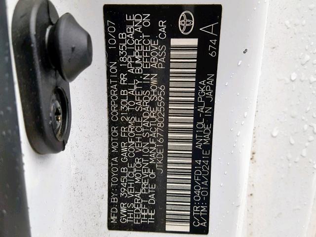 JTKDE167780255956 - 2008 TOYOTA SCION TC WHITE photo 10