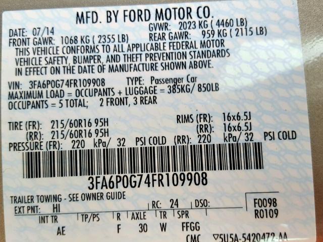 3FA6P0G74FR109908 - 2015 FORD FUSION S BEIGE photo 10