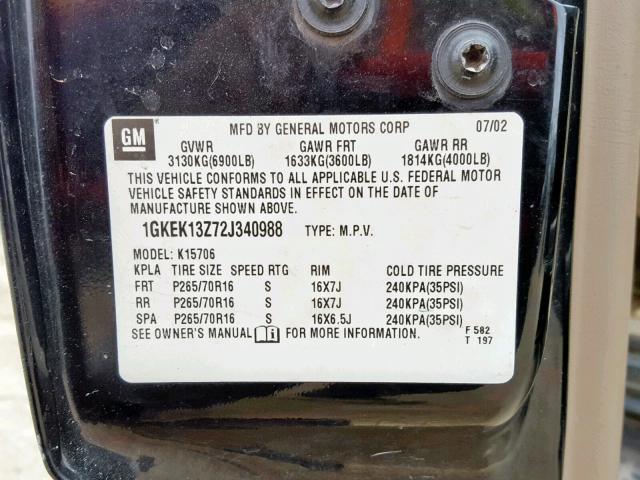 1GKEK13Z72J340988 - 2002 GMC YUKON BLACK photo 10