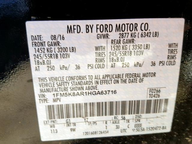 1FM5K8AR1HGA63716 - 2017 FORD EXPLORER P BLACK photo 10