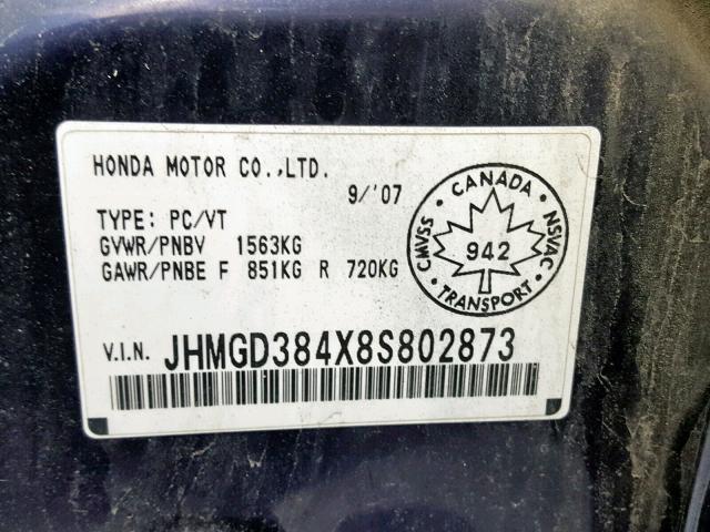 JHMGD384X8S802873 - 2008 HONDA FIT PURPLE photo 10