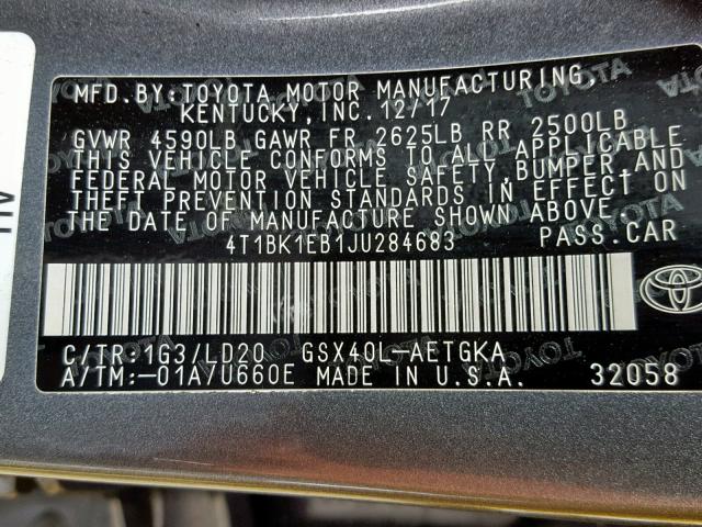 4T1BK1EB1JU284683 - 2018 TOYOTA AVALON XLE 灰色 照片 10