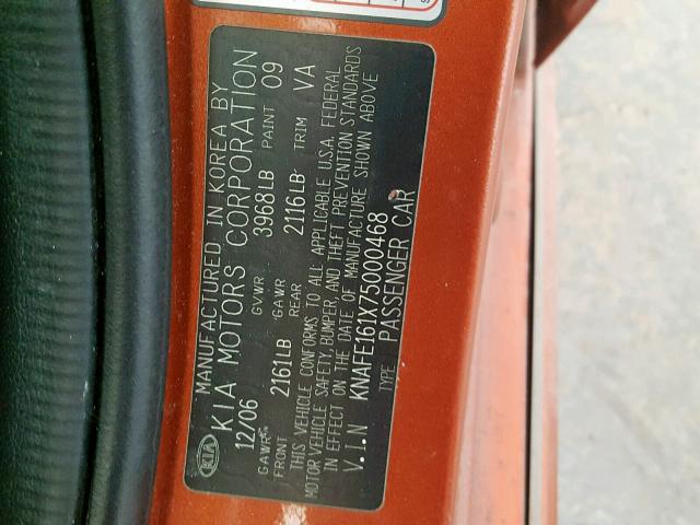 KNAFE161X75000468 - 2007 KIA SPECTRA5 S ORANGE photo 10