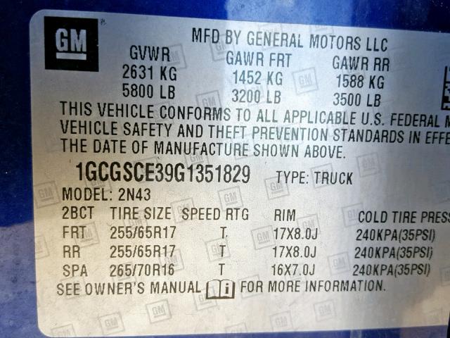 1GCGSCE39G1351829 - 2016 CHEVROLET COLORADO L BLUE photo 10