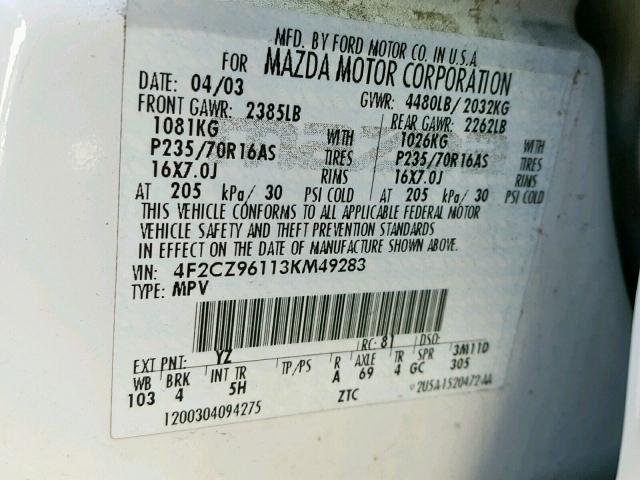 4F2CZ96113KM49283 - 2003 MAZDA TRIBUTE ES 白色 照片 10