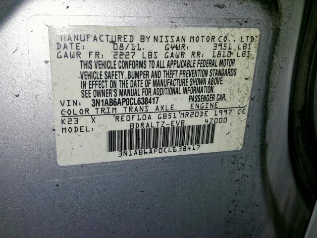 3N1AB6AP0CL638417 - 2012 NISSAN SENTRA 2.0 SILVER photo 10