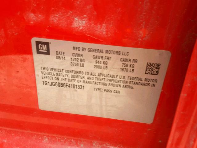 1G1JG6SB6F4101331 - 2015 CHEVROLET SONIC RS RED photo 10